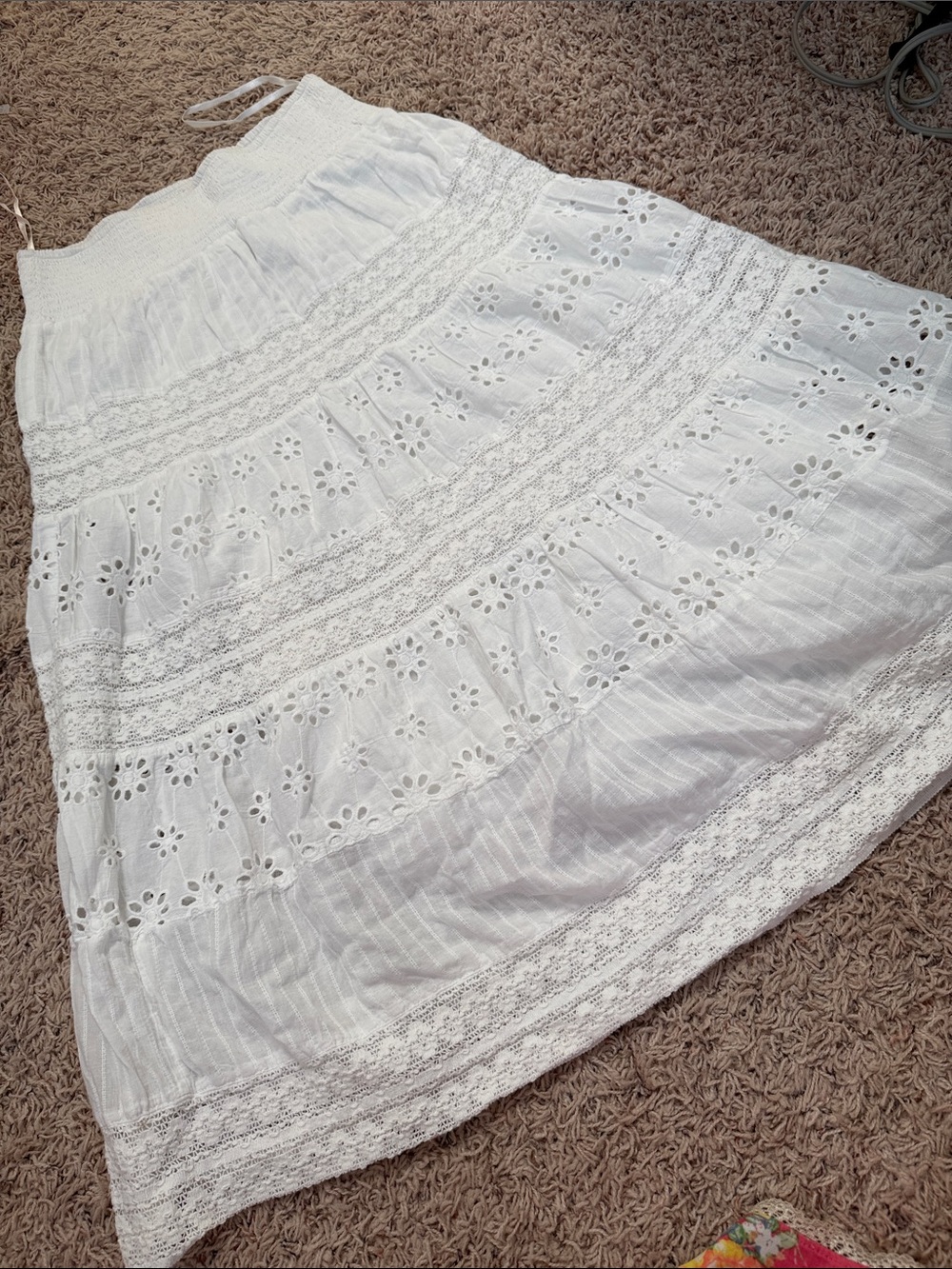 White Eyelet Midi Skirt with Lace Trim. No size or material tags but fits S